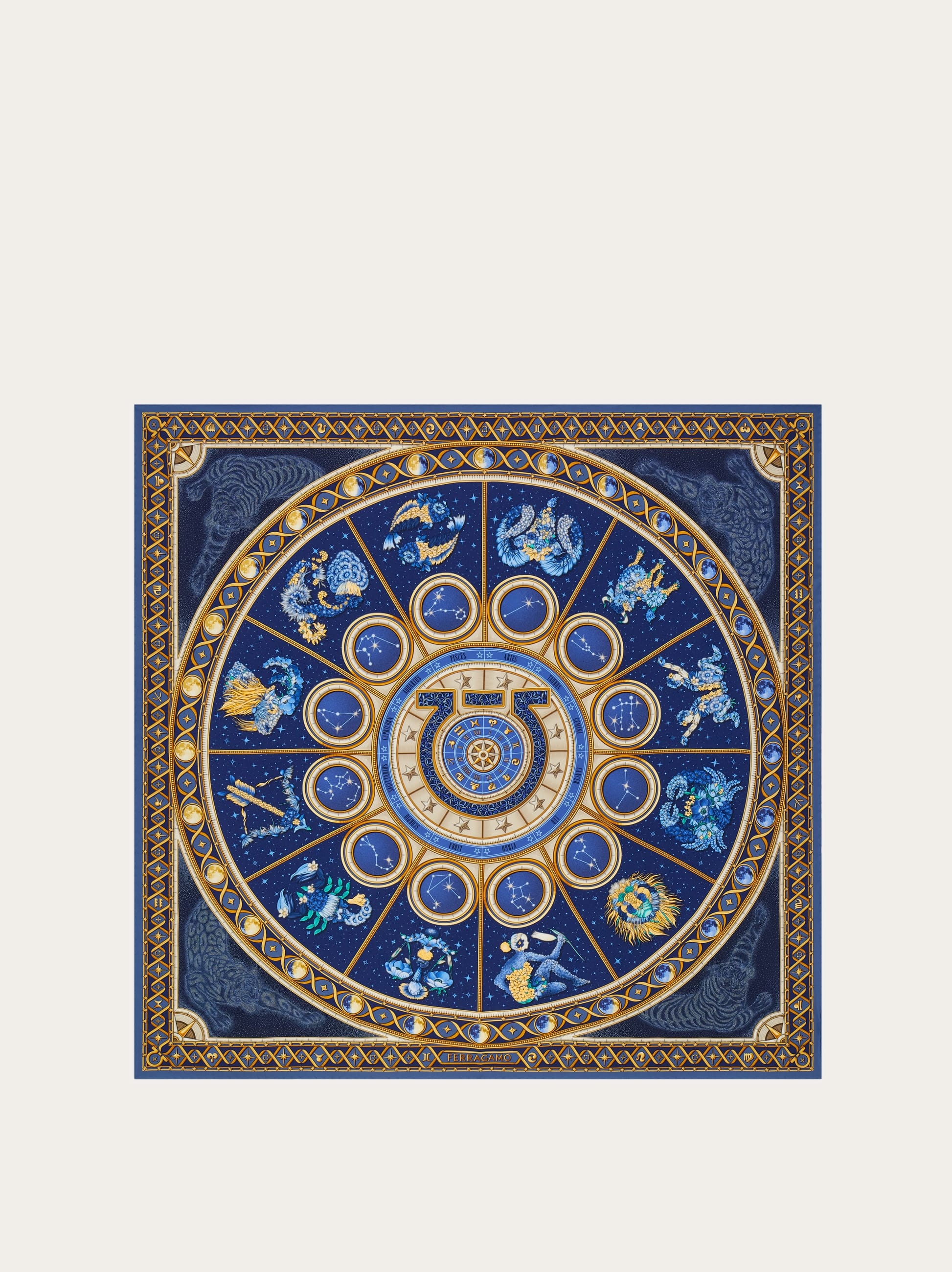 Ferragamo Women Horoscope print silk scarf Blue